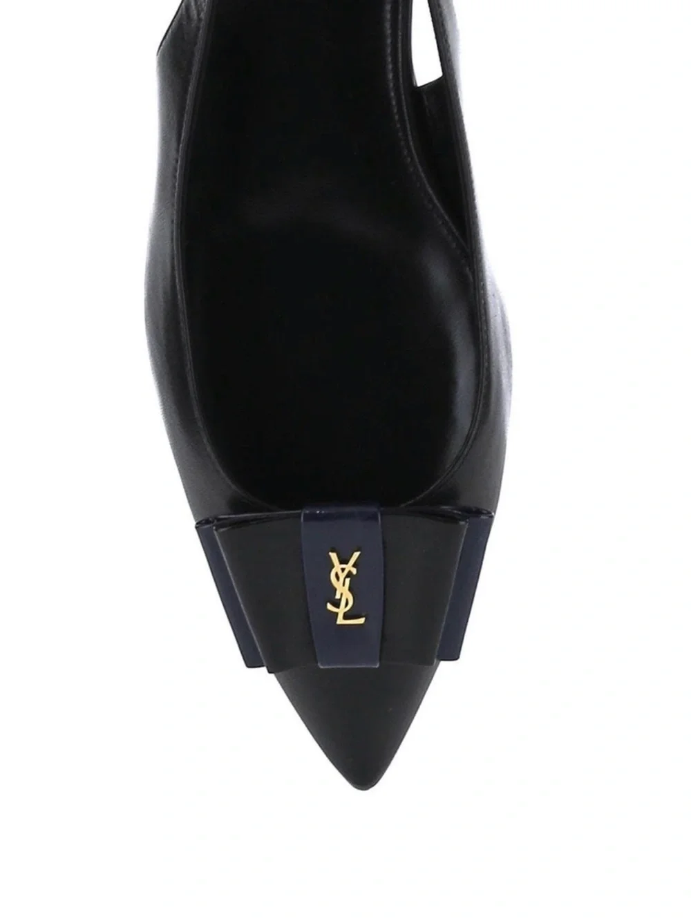 Yves Saint Laurent Anais Black Pointy Slingback Flat with Bow and Gold Logo